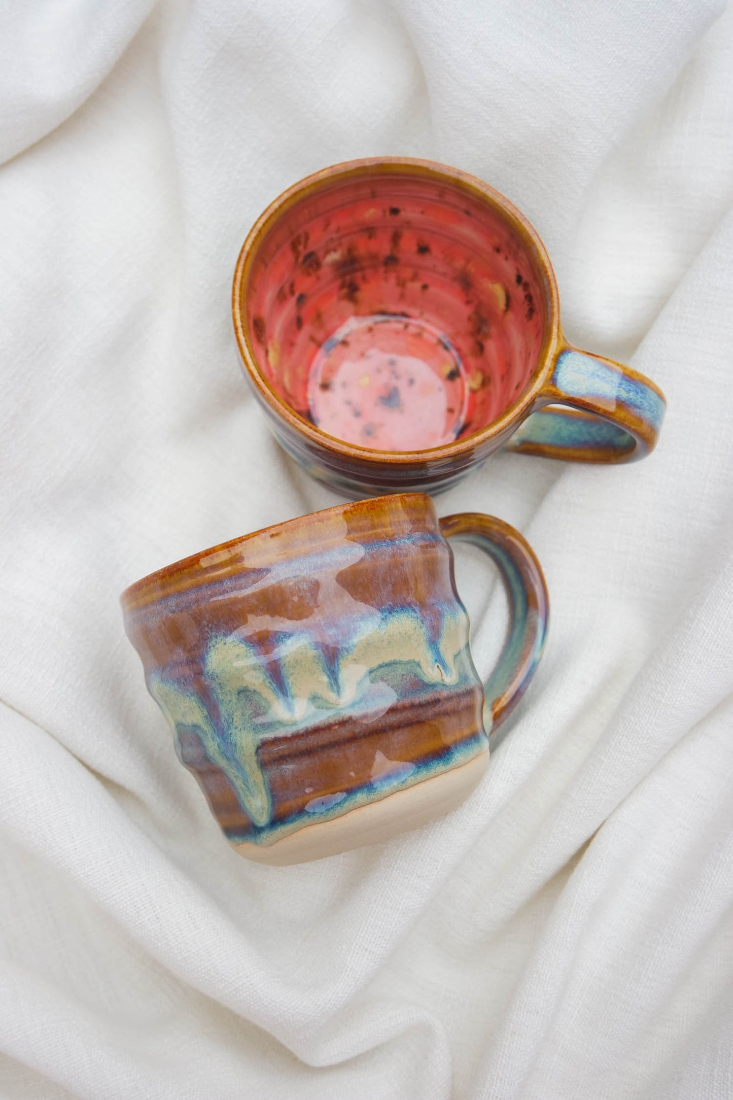 Tall & Short Swirl Mugs | Drippy Blue and Pink Fleck