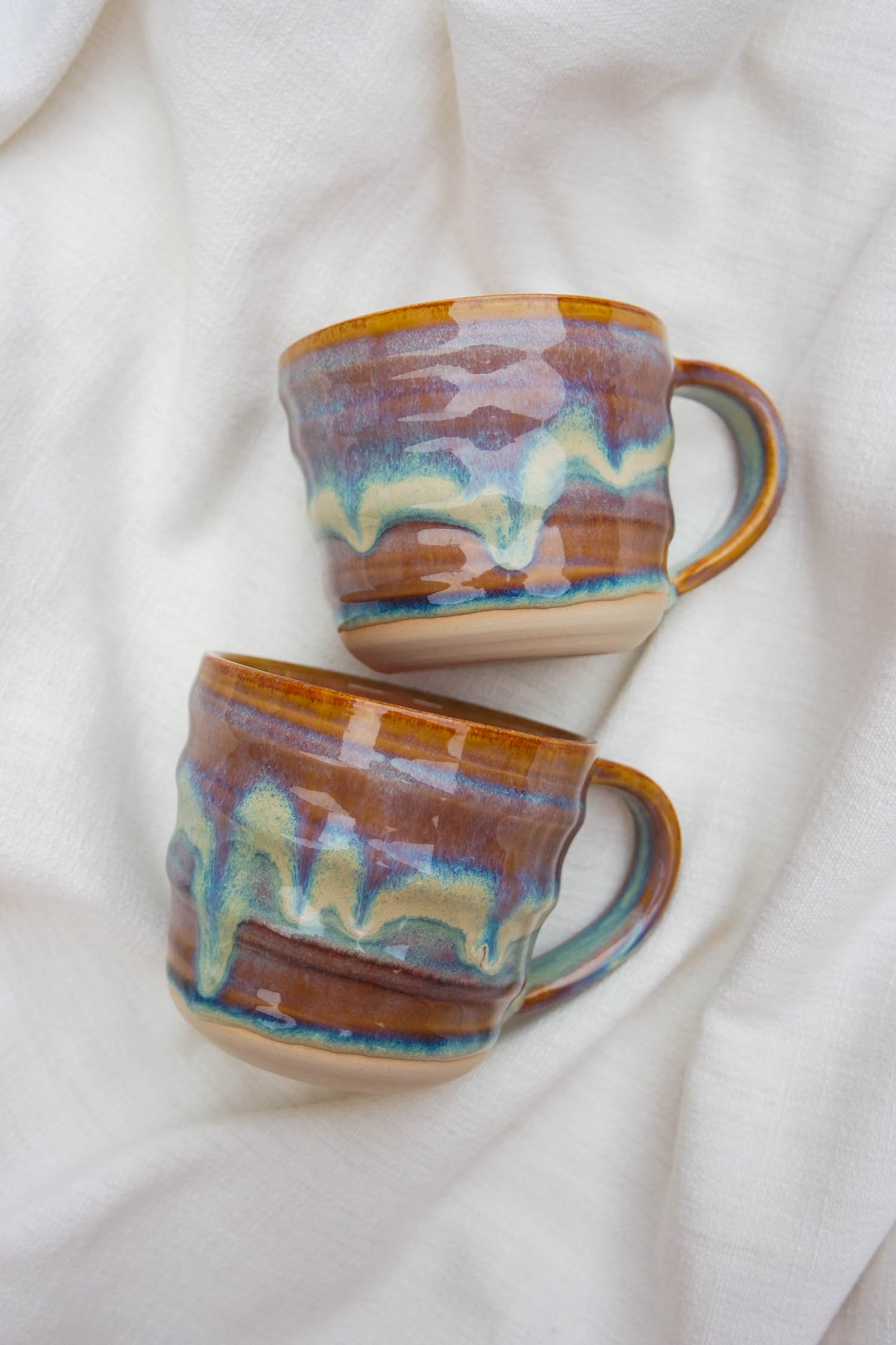 Tall & Short Swirl Mugs | Drippy Blue and Pink Fleck